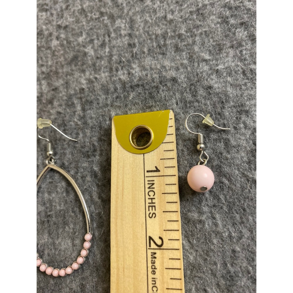 Pink Bead Silver Tone Earring Set Teardrop Hoops and Bead Drops 2 Pairs - Picture 6 of 6